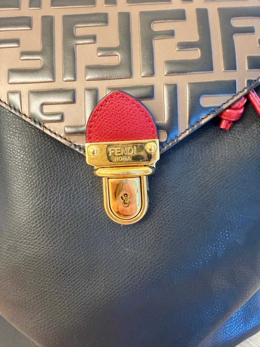 Fendi Black Leather Backpack with Brown Monogram Flap and Red Accents - Picture 2 of 11